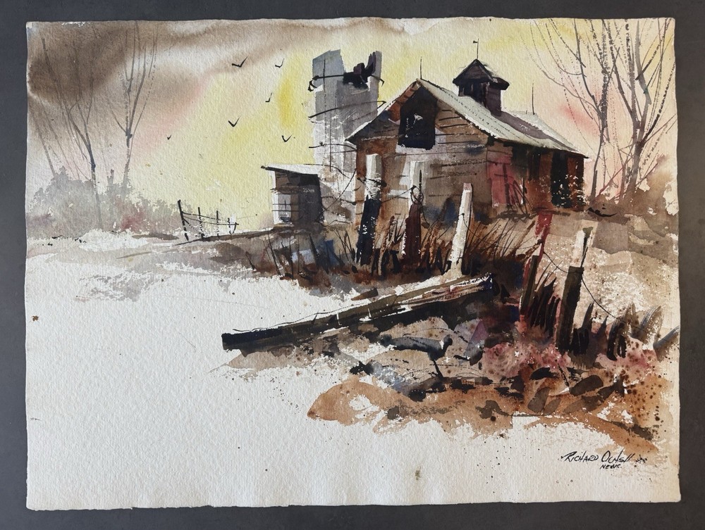 Original Signed Richard OCH Watercolor Farmhouse Landscape Painting 30×22