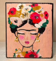 Mary Myers Original Art Block Frida Flower Crown Reclaimed Wood