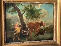 18th Century Paul and Virginia Cow Dog Stream Landscape Blue Sky French Oil