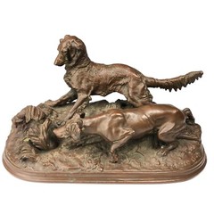 Hunting Curious Dogs 19th Cent Bronze Sculpture Missing Bird- Dog Tail J.P. Mene