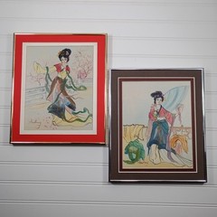 Vintage Signed Original Watercolor Paintings Asian Maiden Set of 2 Framed MCM