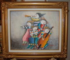 VTG 80’S FRAMED J. ROYBAL ABSTRACT MODERN CHILDRENS MUSICAL QUINTET OIL PAINTING