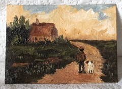 Original ACEO oil painting impressionist child and a pug #W4555