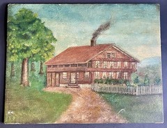 Vintage Oil Painting on Wood Board Homestead House in the Country 10×13 Folk Art