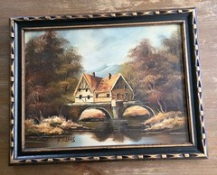 Vintage P Klaus Oil Painting on Board Landscape Scene Building Mountains Bridge