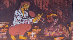 VINTAGE ORIGINAL ASIAN BATIK PAINTING SNAKE CHARMER COBRA INDIA MIDDLE EAST ART