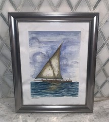 Zanzibar ‘06 Sail Boat Sea Watercolor Signed Custom Matted Framed 13.25”X16.25”