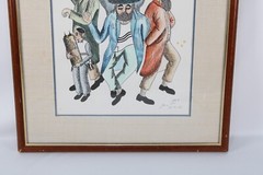 Vintage Jews Dancing with Torah Water Color Painting Hebrew Art Signed Illegible