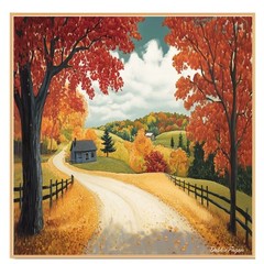 Curving Autumn Road with Blue Cabin Print Flat Rolled, Framed or Wrapped Canvas