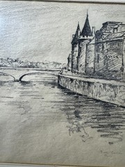 Dines Carlsen (1901 – 1966) „Palais de Justice From Pont Neuf“ Charcoal Drawing