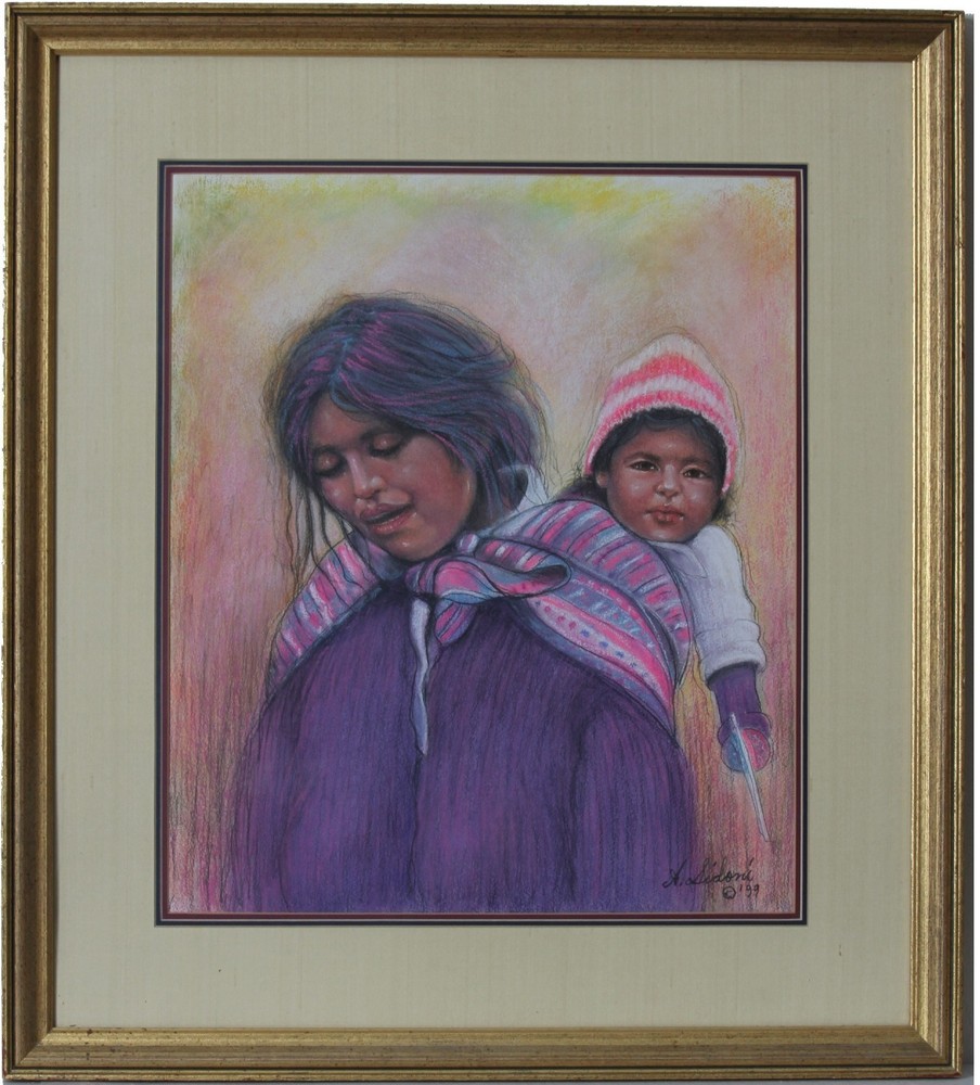 Untitled Mother & Child Vintage Original Anthony Sidoni Ink & Crayon Drawing