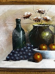 Vtg Original Still Life Oil Painting Fruit Wine Flowers Vase Signed Cottage Core