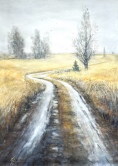 Wheat field Country Road 34″x24″ Watercolor Painting, Autumn Landscape