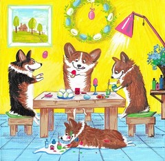 4X4 PRINT EASTER PAINTING RYTA PEMBROKE WELSH CORGI EGGS WHIMSICAL FOLK ART DOGS