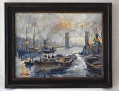 Original Art Painting Acrylic „Thames Barges“ 15×19 Framed OOAK Art Scott Brems