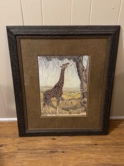 Framed Safari Giraffe Reaching High Painting Made In The USA