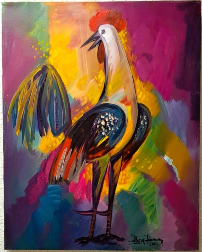 JHOSY JIMENEZ 1961 ACRYLIC PAINTING CANVAS 2011 SIGNED TITLED ROOSTER DOMINICAN