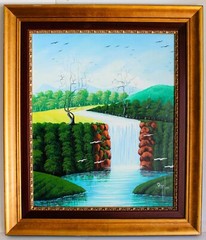 OIL PAINTING ON CANVAS SIGNED GORGEOUS LANDSCAPE RIVER WATERFALL FOREST