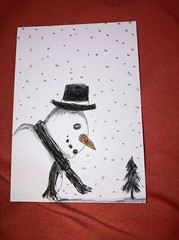 Original art card, ACEO, dorisann1022, markers, Snowman. Winter. Tree. Pen