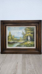 23.5″ 1950 Oil Painting K. Boxy Golden Pond Landscape Artwork Framed Home Office