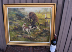 Antique Belgian henry Schouten hunt dogs flemish fields oil canvas paintingol