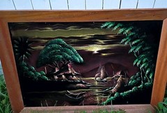 Vtg Large Mid Century Black Velvet Tiki Art Framed 40′ x 28″ Palm Trees Village
