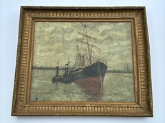 ANTIQUE PAINTING NAUTICAL COASTAL BOATS PORT COASTAL IMPRESSIONISM MYSTERY AS IS