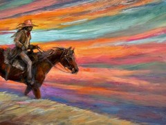 Original Oil painting Cowboy HORSE Sunset Mountain RANCH Southwest Landscape UT