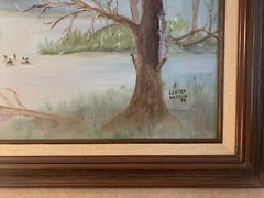 Signed Landscape Wildlife Lake Scene Ducks Trees Outdoor Painting Canvas Orig