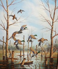 FABULOUS J. RICO MALLARDS GETTING READY TO LAND OIL PAINTING~26 1/2″ x 30 1/2″