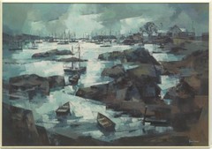 JOHN HARE Listed Artist Oil On Canvas 40×28 With Frame Nice, Harbor at night
