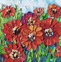 Zinnia Oil Painting Original Miniature  6×6 in Floral Impasto Signed  Art