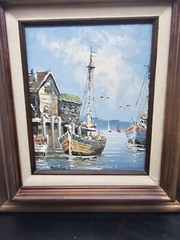 8×10 Original Oil Painting on Canvas Signed Wooden Frame Seascape Harbour