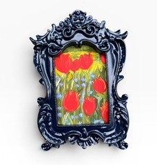 Tulip & Bluebonnet mini watercolor Landscape print in vintage style ornate frame