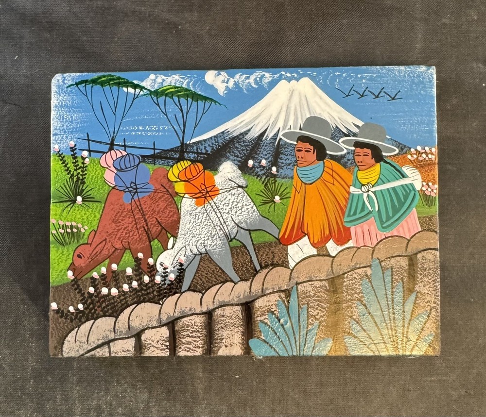 Vintage Miniature Folk Art Painting Leather Tigua Ecuador Andes 4.5” X 3.5”