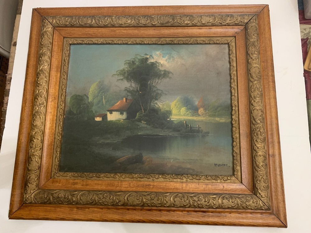 Antique Farm House Landscape Oil Painting on Board Signed Wood Gesso Frame