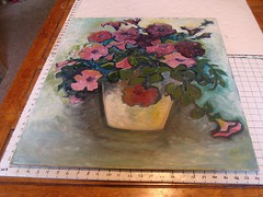 Original ROSE SUSLOVICH ART: POTTED PURPLE FLOWERS, 30X24″, on board