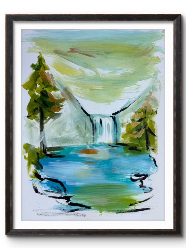 BLUE MOUNTAINS AND WATERFALL 14×11 Expressionistic PAPER Painting Artwork #106