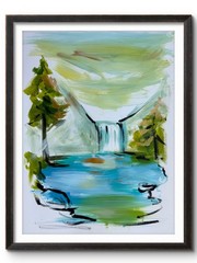 BLUE MOUNTAINS AND WATERFALL 14×11 Expressionistic PAPER Painting Artwork #106