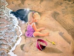 Little girl at beach playing in the sand Oil painting printed on canvas L1572