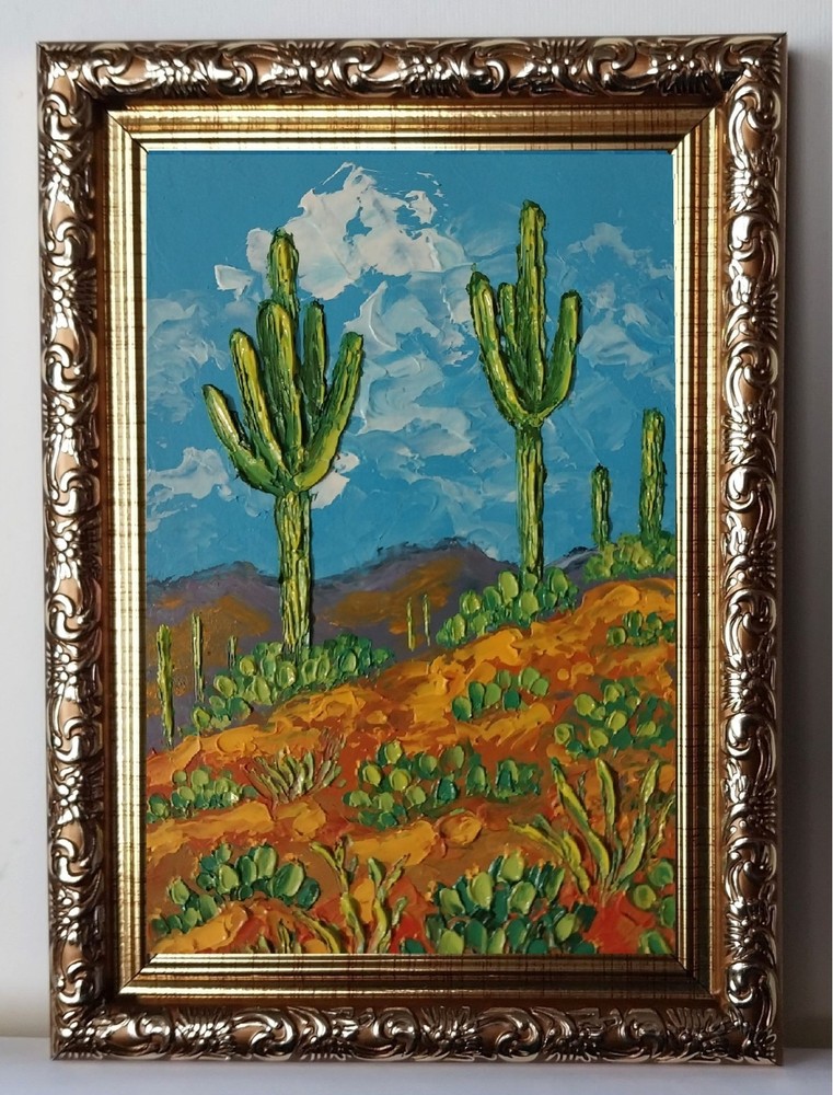 Framed Arizona Landscape Saguaro Cacti Desert Mountain 4×6 Oil Painting Original