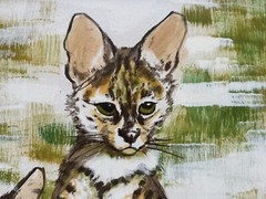 SIGNED Serval cat PORTRAIT PAINTING MYSTERY ARTIST CATS C. 1970’S 31 X 25