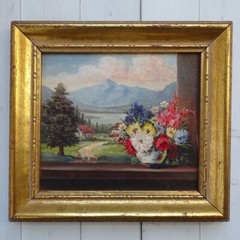 Old Miniature Landscape Oil Painting E. Kothera Vase Flowers in Window 7.25×6.5