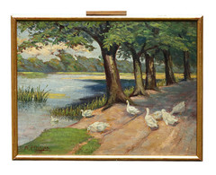 Philipp Jakob Erlanger Signed Oil Painting on Cardboard, 1923 Ducks by the Lake