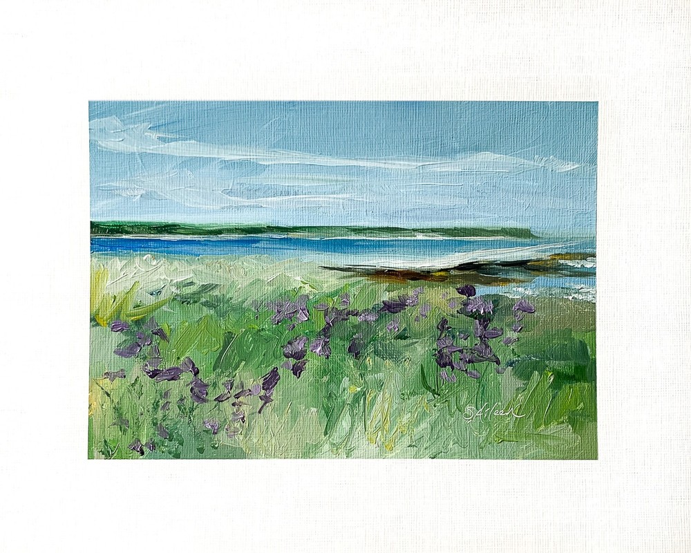 8×10 Maine Original Oil Painting Seascape Lupines Coastal New England Art Signed