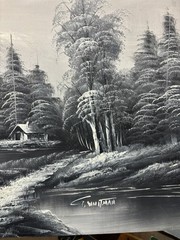 original vintage oil painting signed G. Whitman. 1932 Mountain Cabin