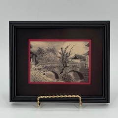 Vintage Asian Original Ink Wash Landscape with Arched Bridges
