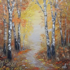 Autumn Forest Path Oil Painting Original Birch Trees Woodland Wall Art Decor 8×8