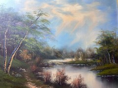 „River And Forest Landscape Scene“ Oil On Canvas Painting – Framed