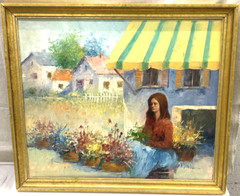Beautiful Vintage John Manol Oil Painting Woman Flower Seller 23“ X 26.75“